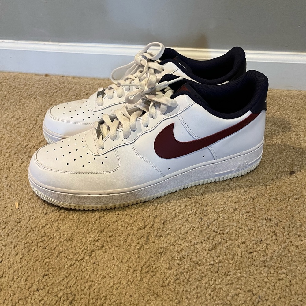 Nike White and Burgundy Air Force 1 Sneakers